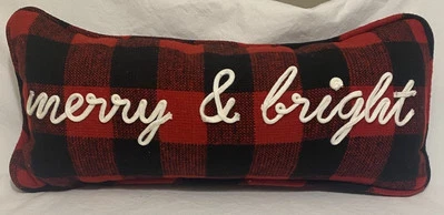 Christmas Throw Pillow Red/Black Buffalo Check “Merry & Bright” 21”x 9” NWOT - Image 1 of 2