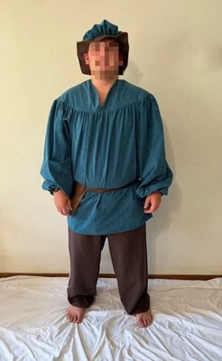 Disfraz de hombre campesino renacentista - 2X adulto de alta calidad - camisa acuática/pantalones marrones Foto 1 de 4