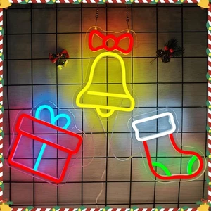 Christmas Neon Sign 3-Piece Dimmable Xmas Bells Gift Box Santa Stocking Led S... - Bild 1 von 7