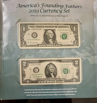 2019 America's Founding Fathers Currency Set NY 2017 $1 and 2013 SF $2 Notes BEP - Image 1 of 4
