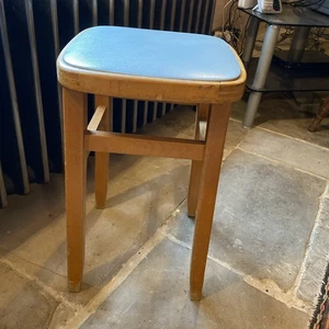 Vintage retro 1950’s  wooden stool with vinyl blue padded seat  - Picture 1 of 5