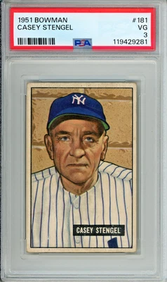 Tarjeta de béisbol 1951 Bowman Casey Stengel, clasificación en muy buen estado 3, #181 en el conjunto Yankees Foto 1 de 3