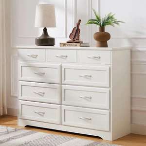 Bedroom dresser 9 drawer Long dresser with antique handles Wood Chest of drawers - Picture 1 of 12
