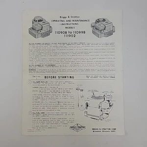 Briggs and Stratton Op & Maintenance Instructions 110908 to 110998 Models 111902 - Picture 1 of 2