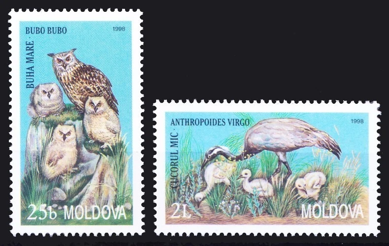 Moldavia 1998 MNH 2v, búho real euroasiático, búho, grulla Demoiselle, aves rapaces, Foto 1 de 1