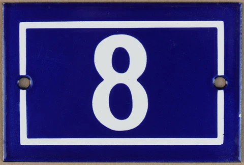 Old blue French house number 8 door gate wall plate plaque enamel sign 1970 NOS Cover