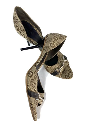 GUCCI Horsebit Canvas Monogram Stiletto Buckle  Open Toe Heels Sz 39.5 - Image 1 of 4