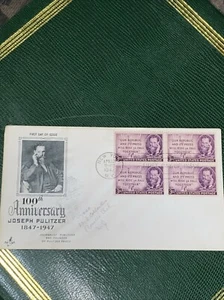 100th Anniversary Joseph Pulitzer 1847-1947, First Day Of Issue & 4 Stamps Env - Picture 1 of 7