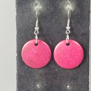 Dangle Disc Earrings Pink Coconut Shell Retro Mid Century Modernist Boho 1.5" - Picture 1 of 9