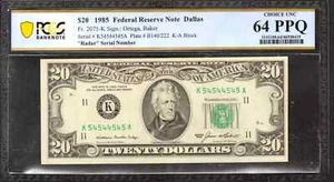 1985 $20 FEDERAL RESERVE NOTE DALLAS 2 DIGIT RADAR SERIAL NUMBER PCGS CU 64 PPQ - Picture 1 of 2