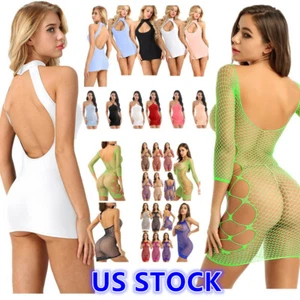 Womens Fishnet Mesh Lingerie Babydoll Mini Dress Bodysuit Sexy Chemise Free Size - Picture 1 of 92