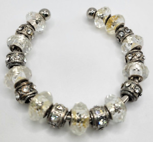 Silver/White/Gold/Clear Pewter Plastic Rhinestone Metal Bead Bangle Bracelet
