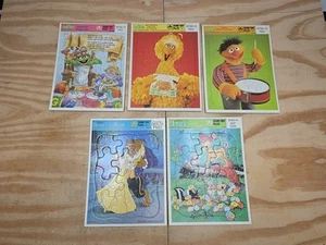 5 VTG Golden Frame Tray Puzzles Beauty & The Beast Bambi Sesame Street Free Ship - Picture 1 of 12