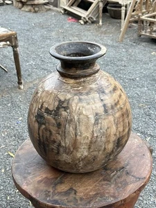 Antique Old Wooden Hand Carved Beautiful Design Light Wood Color Pot Round Pot - Picture 1 of 8