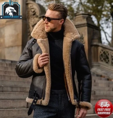 Black B3 Bomber Aviator Flying Pilot Shearling Sheepskin Real Leather Jacket - Image 1 of 4