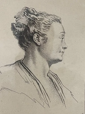 Gravure ancienne Antoine Watteau portrait femme graveur Pierre Filloeul - Photo 1/4