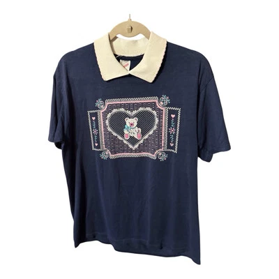 Vintage 90's Collared Jerzees T-Shirt Teddy Bear Heart Grannycore USA Sz L Tub13 - Image 1 of 4