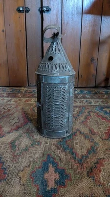 Antique Early Country Primitive Metal Tin Punched Lantern 14.5" Cleated - Image 1 of 4