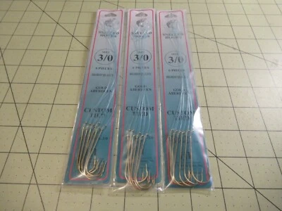 18 SNELLED FISH HOOKS (3 PKS X 6 EA) GOLD ABERDEEN HOOK MONO LEADER 7" PICK SZ - Image 1 of 4