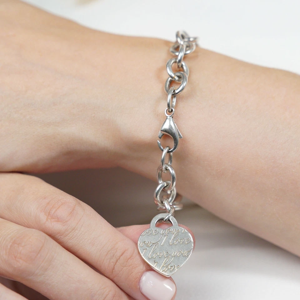 Tiffany and Co 'I Love You' Writing Heart Link Curb Bracelet Hallmarked AG 925 - Image 1 of 4