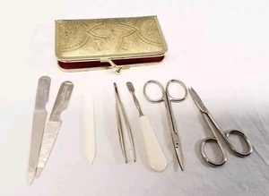 Antique Grooming Kit Set In Gold Color Ground Leather Case Scissors File Tweezer - Picture 1 of 18