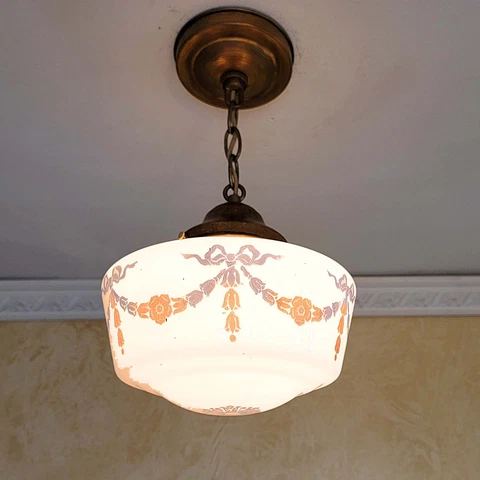 131c Antique 1920's 30s Glass Shade Ceiling Light Fixture Pendant hall porch Cover