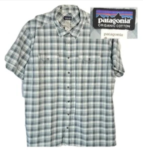 PATAGONIA Fezzman Shirt Short Sleeve Organic Cotton Plaid Blue-Green MEN XL - Picture 1 of 24