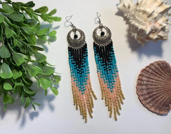 Beaded Earrings Seed Bead Earrings Summer Designer Boho Ethnic Style Earrings  - Image 1 of 1