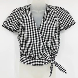 Madewell Damen Kurzarm Wickel Top in Gingham Karo Cropped Schwarz Weiß XXS - Bild 1 von 8
