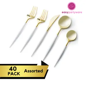 Gold & White Plastic Cutlery 40 Piece Set, Reusable Disposable Party Tableware - Picture 1 of 9