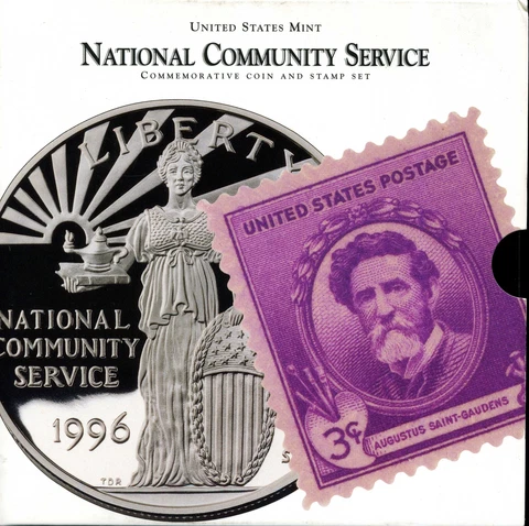 1996 $1 National Community Service Proof Commemorative Silver Coin and Stamp Set Cover