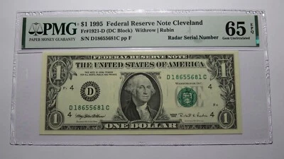 $1 1995 Radar Serial Number Federal Reserve Currency Bank Note Bill PMG UNC65EPQ - Image 1 of 2