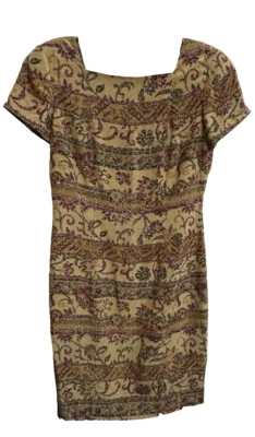 Vestido Adrianna Papell 100% Seda Talla 8 Estampado Tapiz Dorado Forrado Espalda Cremallera Rodilla Foto 1 de 4