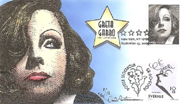 Peterman Hand Painted Close-Up Greta Garbo, SVERIGE Joint Issue Sc.#3943 F.D - Image 1 of 1