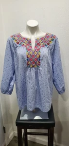 Talbots Top Women Blue 3/4 Sleeve Embroidered Cotton V-Neck Peasant Top 1XL - Picture 1 of 8