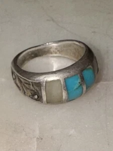 Vintage 925 Sterling Silver Turquoise & White Stone Inlay Band Ring Zuni Size 5 - Picture 1 of 6
