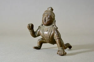 Antigua figura de bronce del bebé gateador Krishna el ladrón de mantequilla - Imagen 1 de 7