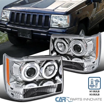 Fits 93-96 Jeep Grand Cherokee Clear Halo Projector Headlights Lamps Left+Right - Image 1 of 4