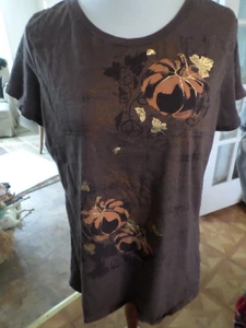 Damengröße 2X KÜRBISSE HALLOWEEN THANKSGIVING Herbst braun S/S Oberteil Baumwolle Poly - Bild 1 von 4