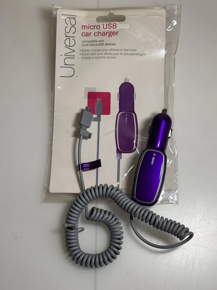 New T-mobile Fast Micro USB Universal Car Charger w/ Extra USB Port - Purple - Image 1 of 4