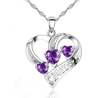 Sterling Silver Heart Love CZ Amethyst Pendant Necklace 18" Chain Gift Box E7 - Image 1 of 4