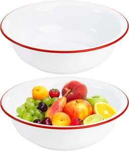 Set of 2 Enamel Bowl, 3 Quart Large Enamel Mixing Bowl White Enamelware with Red - Picture 1 of 8