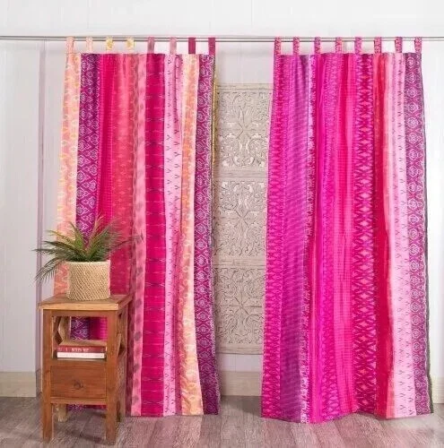 2 Pcs Indian Sari Patchwork Curtain Drape Window Decor Multi Silk Sari Curtain - Image 1 of 1