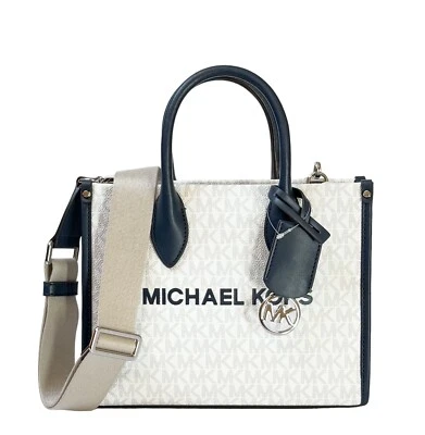 Bolso de hombro Michael Kors Mirella pequeño Shopper MK blanco/azul marino Foto 1 de 4