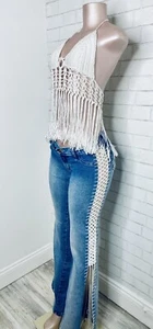 2PC VINTAGE Y2K BRAZILIAN Boho Festival Crochet Fringe Flare Denim Jeans Top Set - Picture 1 of 12