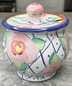 Damariscotta Pottery Maine Majolica Floral Sugar Bowl or Honey Pot Jar Dish