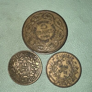Lot of 3, Tunisia 1 & 5 Francs Coin Lot 1941, 1945, 1946 - Picture 1 of 4