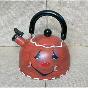 Tetera Antropomórfica Cara Feliz Naranja Metal Pintada a Mano Decorativa Kitsch - Imagen 1 de 7