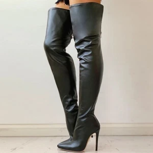 Scarpe decolte donna a punta sexy tacco alto sopra il ginocchio stivali alti zip - Foto 1 di 18