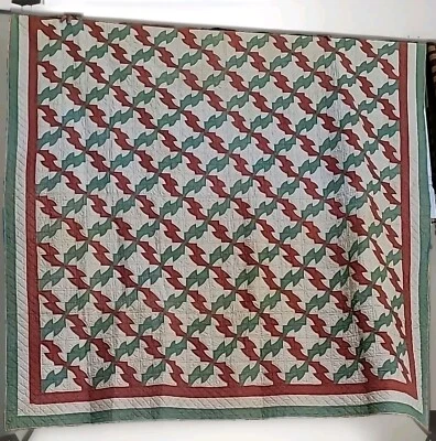 Antique Quilt Calico 1880/1890 Drunkards Path Red Green 10 Stitches A Inch 90×91 - Image 1 of 4